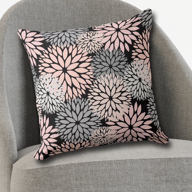 Pink Gray Dahlia Blume Pattern auf Black Kissen (Von Creator hochgeladen)