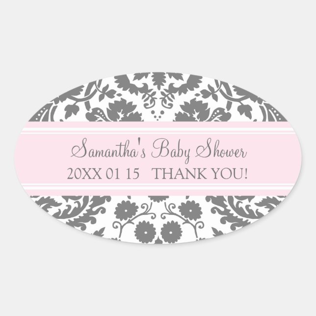 Pink Gray Damask Baby Dusche Pflegeaufkleber Ovaler Aufkleber (Vorderseite)