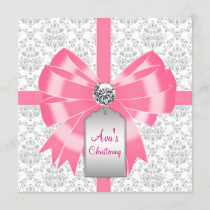 Pink Gray Damask Baby Girl Taufe Christening Einladung