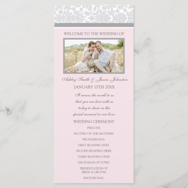 Pink Gray Damask Foto Hochzeitsprogramm Programm (Vorderseite)