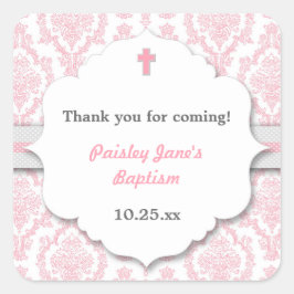 Pink Gray Damask Girl Christening Taufe Gunst Quadratischer Aufkleber