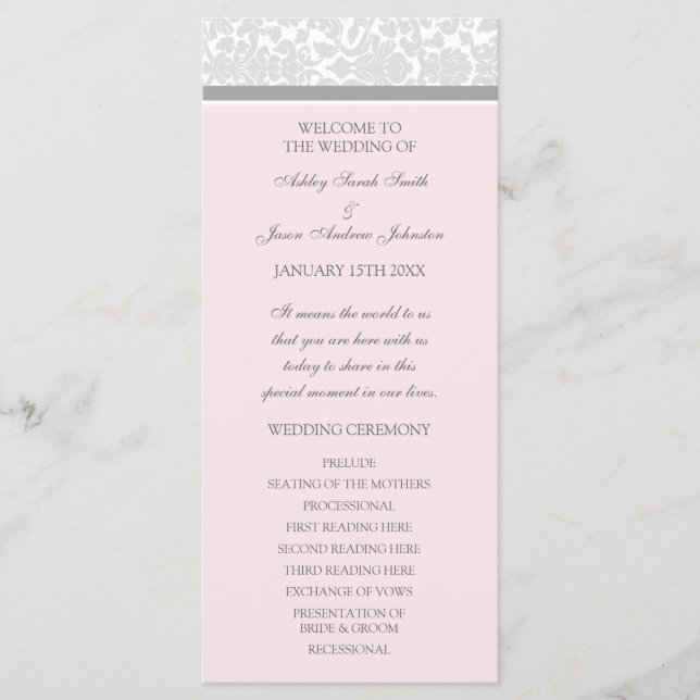 Pink Gray Damask Hochzeitsprogramm Programm (Vorderseite)