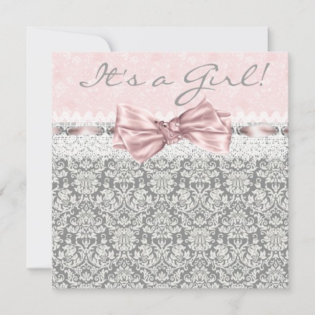 Pink Gray Damask Pink Gray Baby Girl Dusche Einladung (Vorderseite)