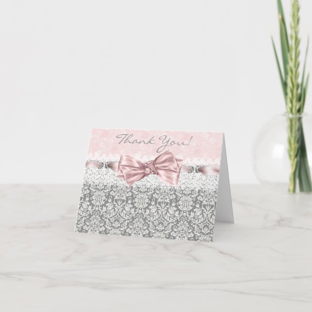 Pink Gray Damask Pink und Grau Danksagungen Karten (Vorderseite)