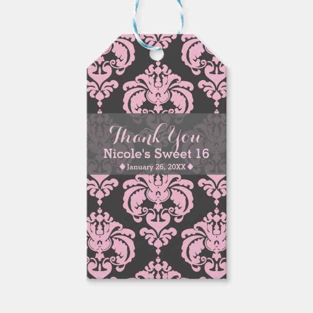 Pink & Gray Damask Vintage Wedding Event Gefallen Geschenkanhänger (Vorderseite)