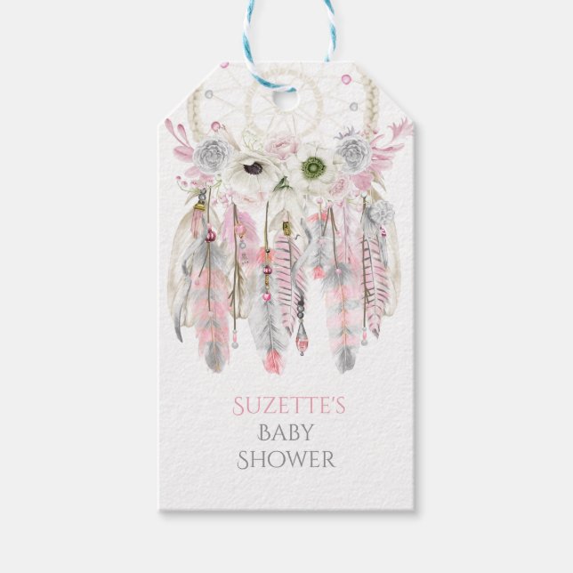Pink Gray Dream Arrow Feathers Ribbbons Geschenkanhänger (Vorderseite)