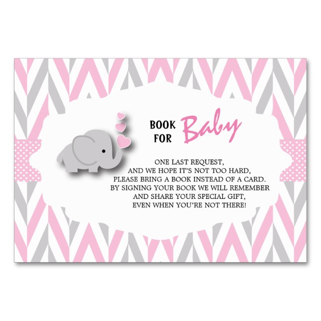 Pink & Gray Elephant Babydusche | Buch mitbringen Tischnummer (Vorderseite)