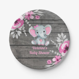 Pink Gray Elephant Plate 4 Babydusche, Geburtstag Pappteller