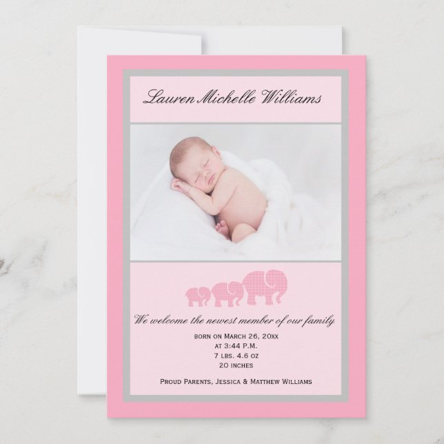 Pink Gray Elephants Baby Girl Foto Birth Ankündigung (Vorderseite)