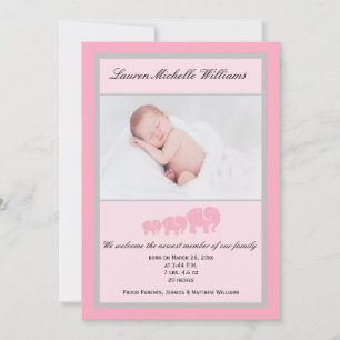 Pink Gray Elephants Baby Girl Foto Birth Ankündigung