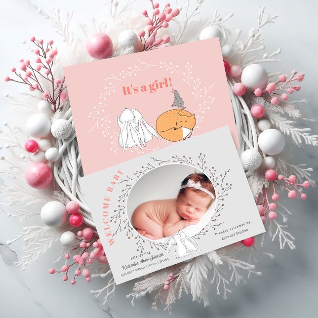 Pink Gray Floral Woodland Animals Baby Girl Birth Ankündigung (Pink gray floral wreath bunny baby girl birth announcement front and back view in situ.)
