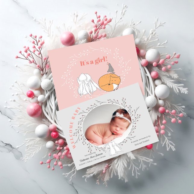 Pink Gray Floral Woodland Animals Baby Girl Birth Ankündigung (Pink gray floral wreath bunny baby girl birth announcement front and back view in situ.)