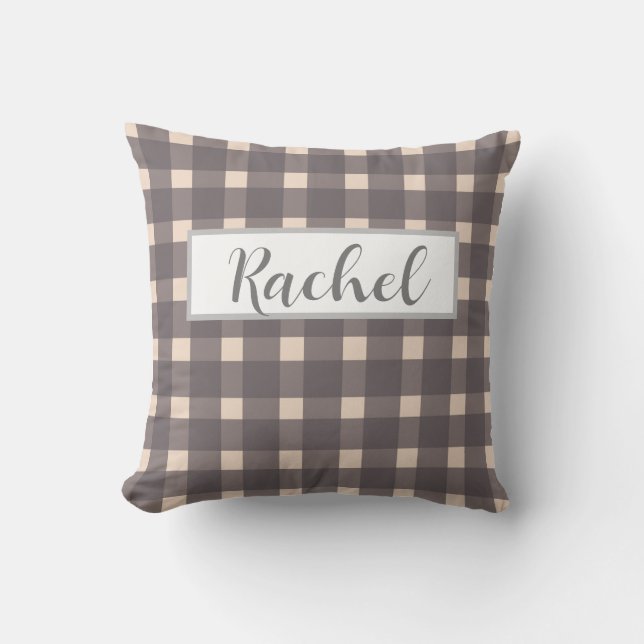 Pink Gray Gingham Personalisiert Kissen (Vorderseite)