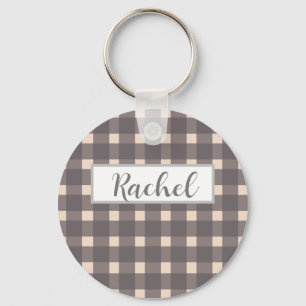 Pink Gray Gingham Personalisiert Schlüsselanhänger