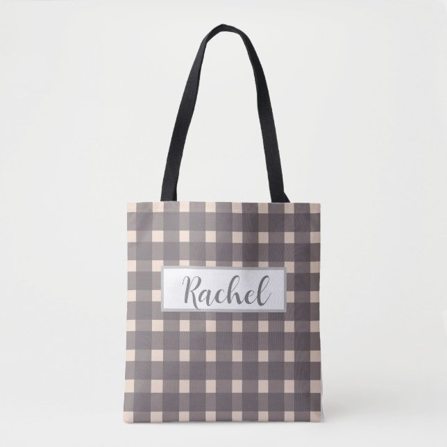 Pink Gray Gingham Personalisiert Tote Bag (Vorderseite)