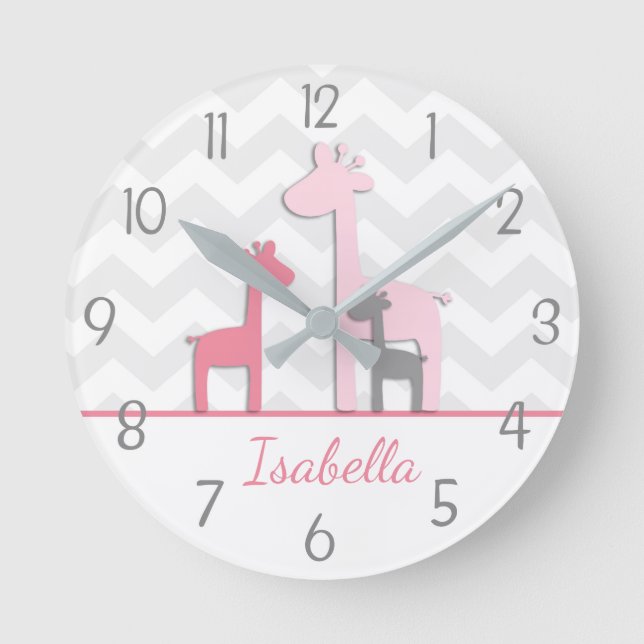Pink Gray Giraffe Wall Clock Runde Wanduhr (Vorderseite)