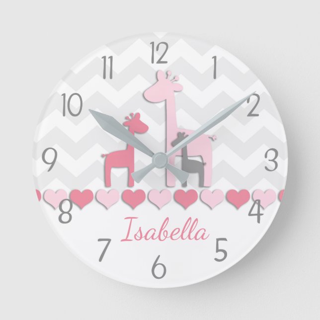 Pink Gray Giraffe Wall Clock Runde Wanduhr (Vorderseite)
