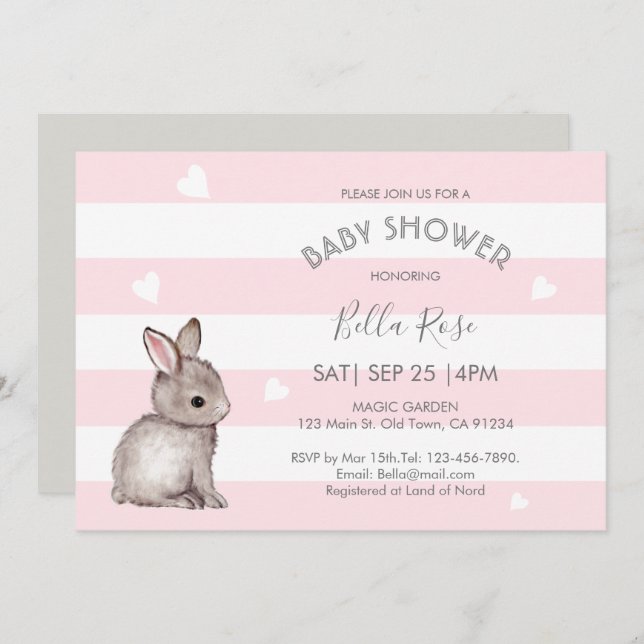 Pink Gray Heart Bunny Baby Shower Einladungen (Vorne/Hinten)