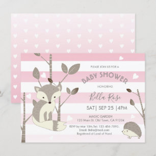 Pink Gray Heart Fox Igel Babyduschkarte Einladung