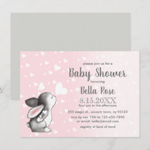 Pink Gray Hearts Bunny Girl Baby Dusche Einladung