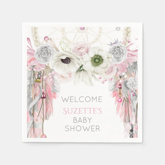 Pink Gray Ivory Dream Catcher Feathers Serviette (Vorderseite)
