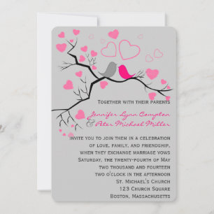 Pink, Gray Lovebirds & Hearts Wedding Einladung