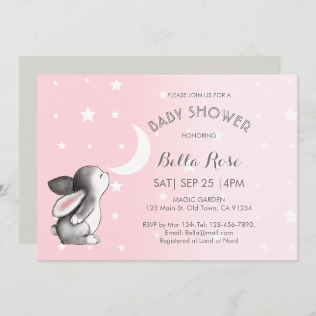 Pink Gray Moon Stars Bunny Baby Shower Einladungen (Vorne/Hinten)