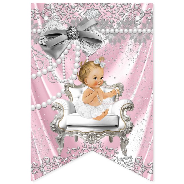 Pink Gray Pearl Sessel Girly Baby Dusche Wimpelkette (Erste Fahne)