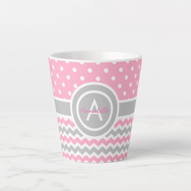 Pink Gray Polka Dot Zickzack Milchtasse (Vorderseite)