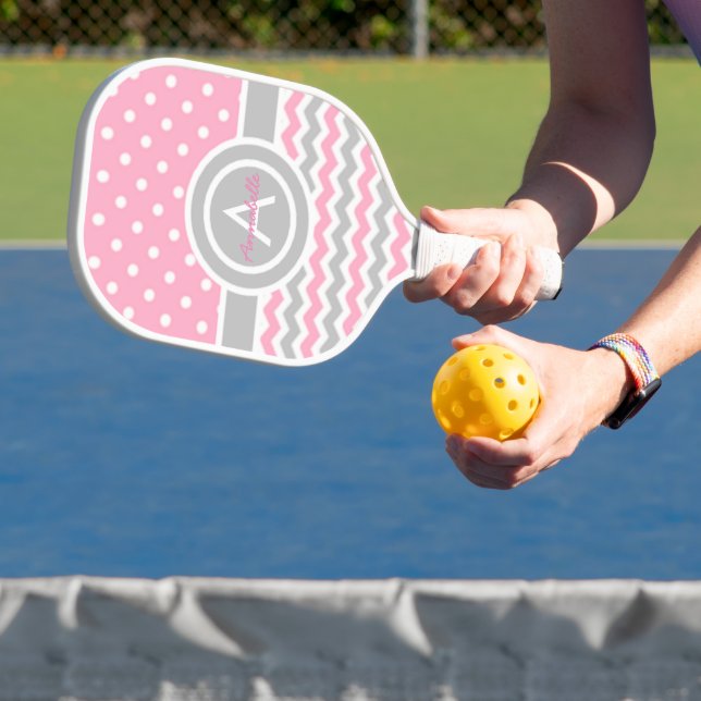Pink Gray Polka Dot Zickzack Pickleball Schläger (InSitu)