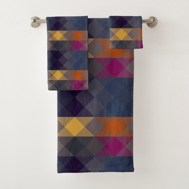 pink gray purple orange and blue geometric badhandtuch set (Insitu)