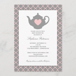 Pink + Gray Quatrefolie Babydusche Tee Party Einladung