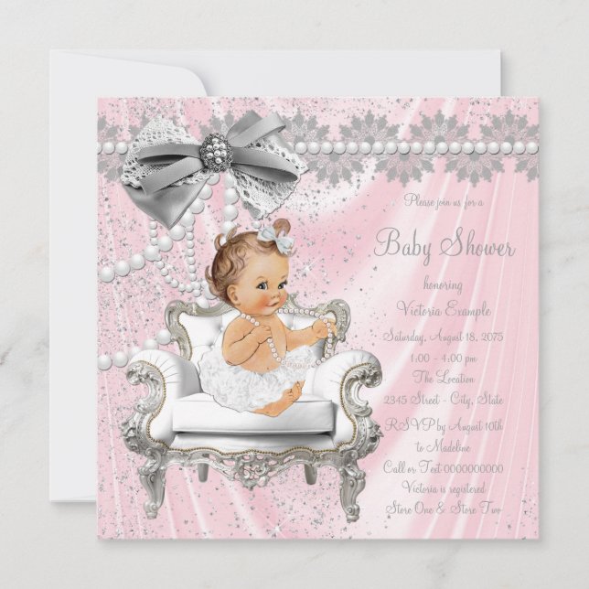 Pink Gray Satin Pearl Sessel Baby Dusche Einladung (Vorderseite)