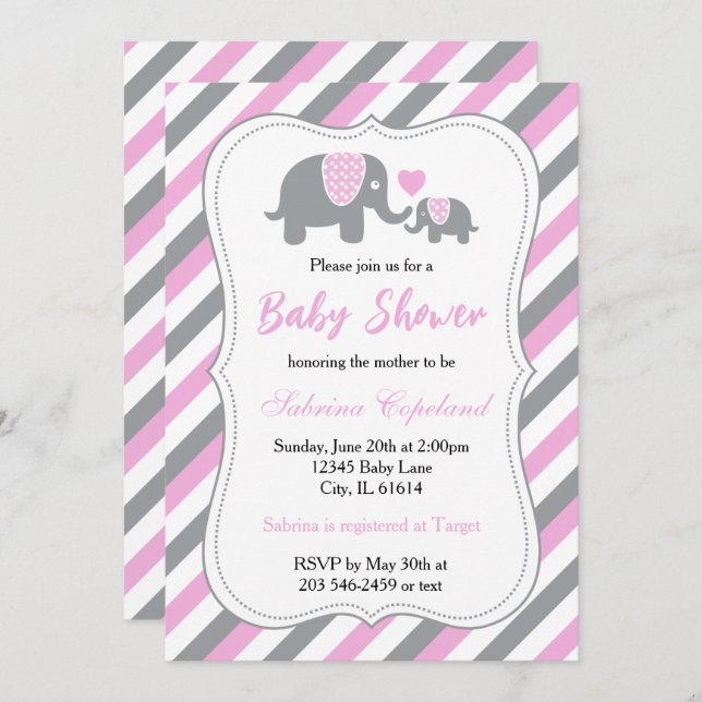 Pink & Gray Stripes Baby Elephant | Babydusche Einladung (Vorne/Hinten)