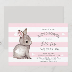 Pink Gray Stripes Bunny Heart Baby Dusche einladen Einladung