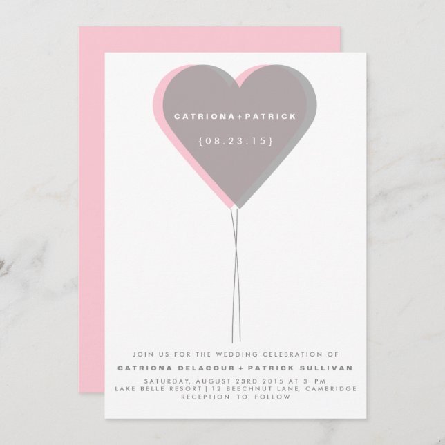 Pink & Gray Twin Hearts Balloon Hochzeitseinladung Einladung (Vorne/Hinten)