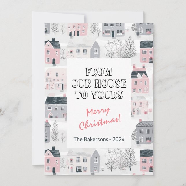 Pink Gray White Vintag Houses Weihnachtskarte Karte (Vorderseite)