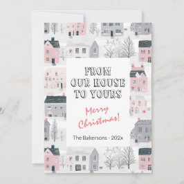 Pink Gray White Vintag Houses Weihnachtskarte Karte