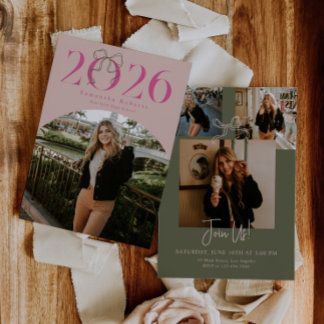 Pink Green 2026 Coquette Bow Photo Graduation Einladung