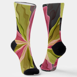 Pink Green Anthracite Fantasy Flower Fractal Art Socken