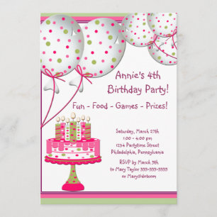 Pink Green Balloons Cake Girls 4. Geburtstag Party Einladung