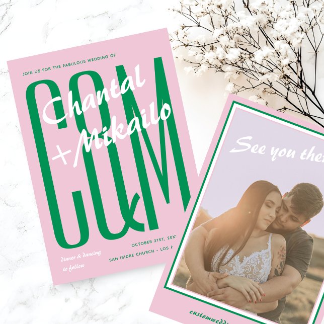 Pink Green Big Monogram Creative Bold Fun Wedding Einladung (Von Creator hochgeladen)