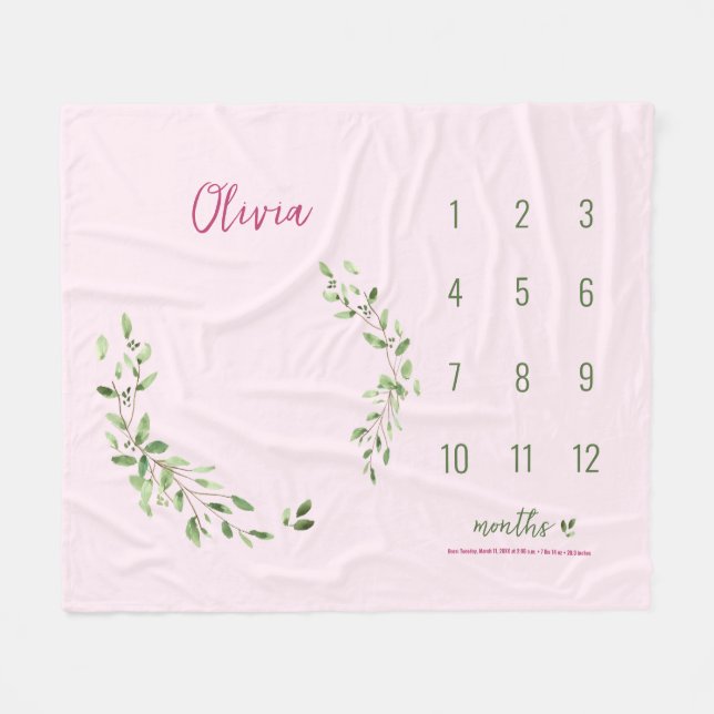 Pink Green Blätter Baby Girl Monthly Meilenstein Fleecedecke (Vorderseite (Horizontal))