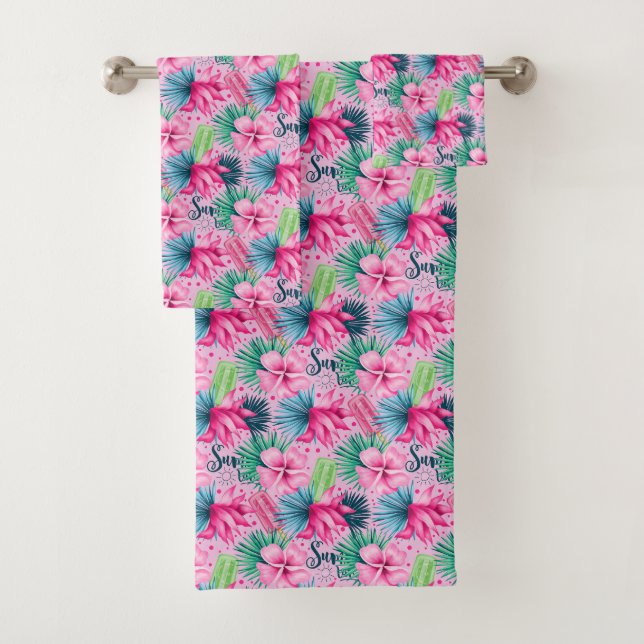 Pink Green Blue Tropical Summer Floral Blume Badhandtuch Set (Insitu)