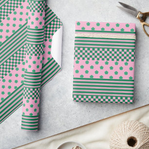 Pink Green Boho Karo Blumenmuster Geschenkpapier