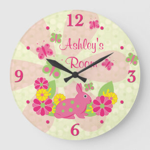 Pink Green Bunny Rabbit Butterfells Blume Große Wanduhr