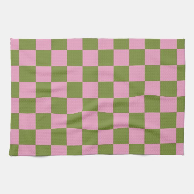 Pink Green Checkered Gingham Pattern Geschirrtuch (Horizontal)