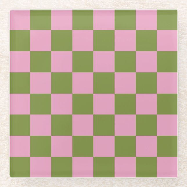 Pink Green Checkered Gingham Pattern Glasuntersetzer (Vorderseite)