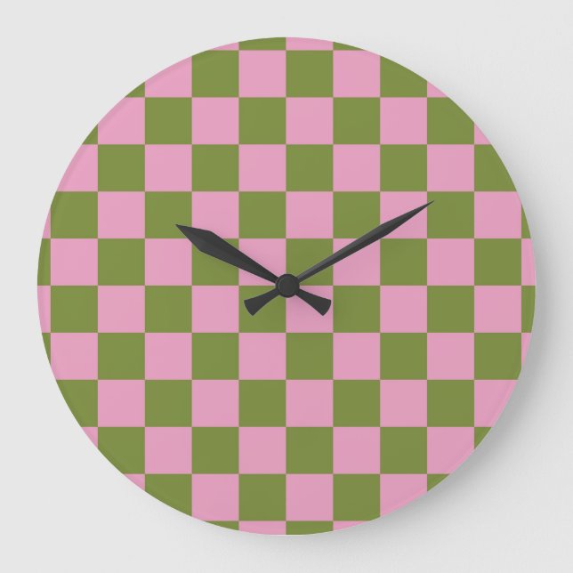 Pink Green Checkered Gingham Pattern Große Wanduhr (Vorderseite)