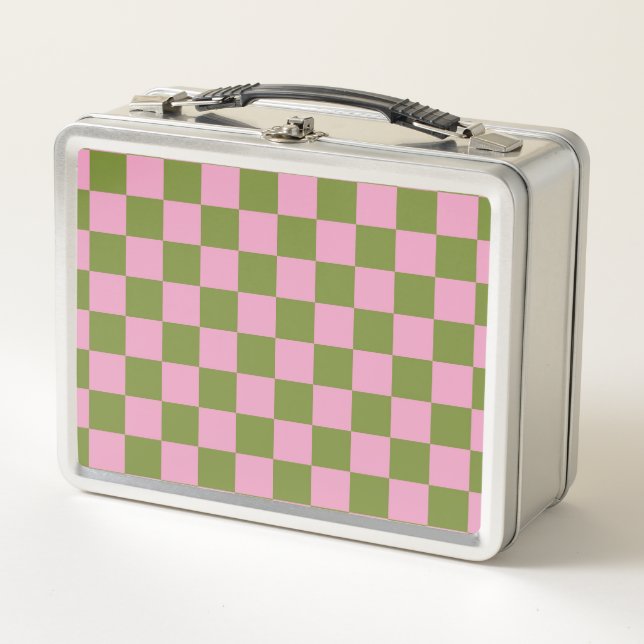 Pink Green Checkered Gingham Pattern Metall Brotdose (Vorderseite)